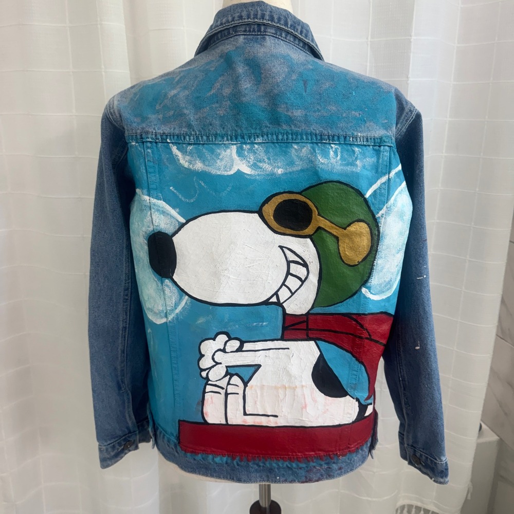 Custom Hand Painted Snoopy Flying Ace Denim Jacket Blue Jean Trucker Peanuts S